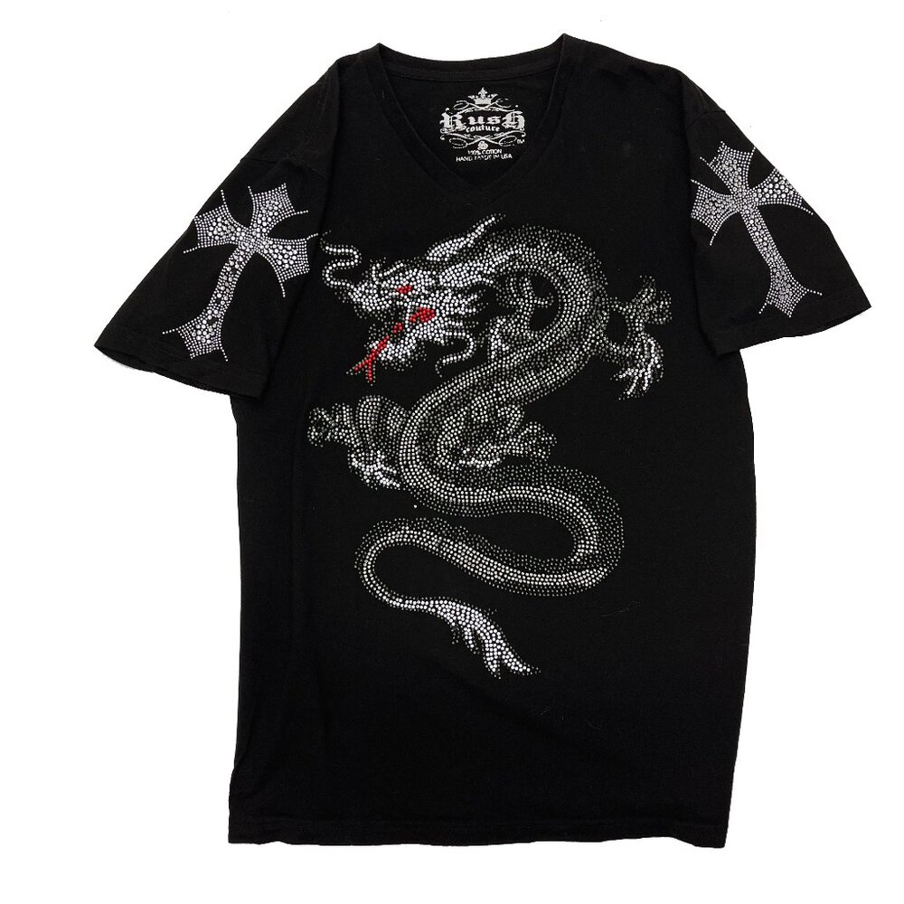 Rush Couture Rhinestone Dragon Cross Embellished Black Jewel T-Shirt Mens S